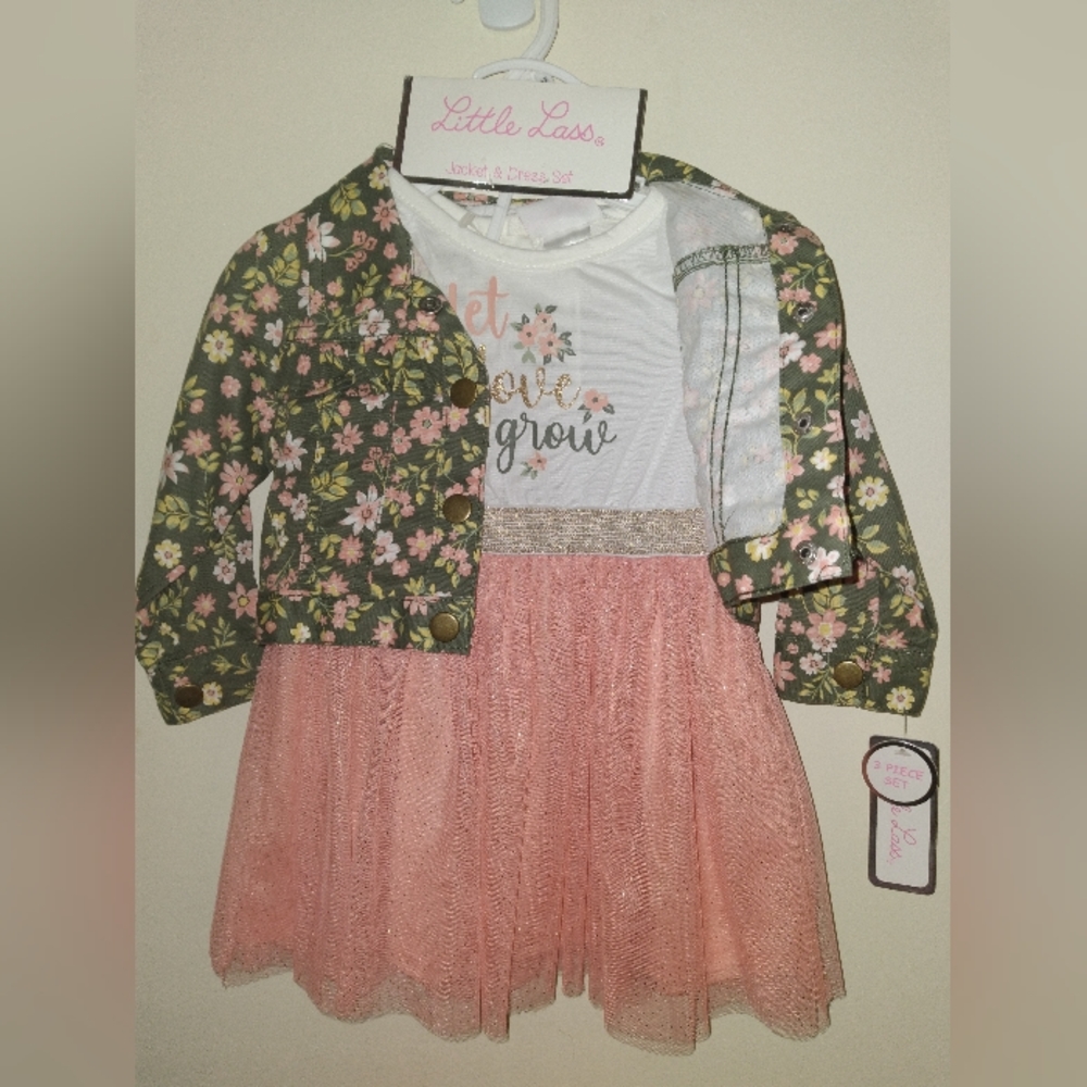 Little Lass Dress with Tutu and Denim Floral Jacket Set